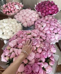 a bunch of pink and white flowers are on display at a flower shop with someone's hand reaching for them