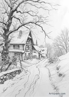 a drawing of a house in the snow with a tree and path leading to it