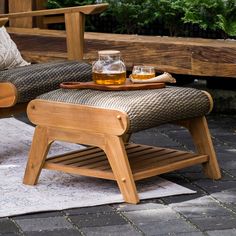 Auburn Upholstered Teak Wood Outdoor Ottoman - Cambridge Casual Wood Ottoman, Teak Patio Furniture, Cold Plunge, Patio Ottoman, Natural Teak Wood, Teak Sofa, Patio Style, Teak Oil, Ottoman Design