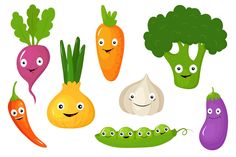 cartoon vegetables with funny faces on white background