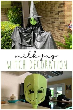 a halloween decoration made out of plastic with the words milk jugs witch decoration on it