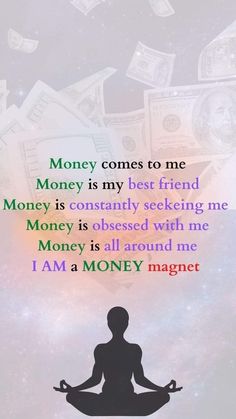 a person sitting in the middle of a yoga pose with money flying around him and on top of them