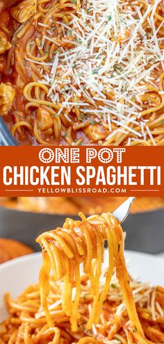 one pot chicken spaghetti in a white bowl with parmesan cheese on the top