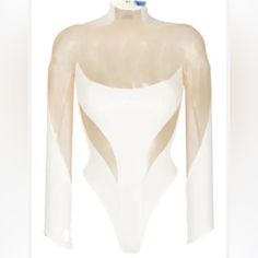 Sheer Tulle & Stretch Opaque Jersey Panels, Off Shoulder Illusion Cut & Signature Back Star Zip, Elegant White One-piece Bodysuit, White Summer Evening Bodysuit, White Evening Bodysuit For Summer, Elegant White Bodysuit For Night Out, White One-piece Party Bodysuit, White Lined Bodysuit For Night Out, Mugler Top, Mugler White, Cutout Bodysuit