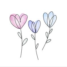 three heart shaped flowers on a white background with the words love written below them in pink, blue and purple