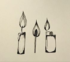 an ink drawing of three different types of fire extinguishers, one with a lit candle and the other with a lighter