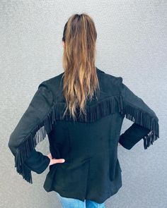 * 90% polyester 10% spandex * lining is 100% polyester Denim Long Sleeve Outerwear With Fringe, Black Suede Fringe Jacket, Black Leather Outerwear With Fringe, Black Leather Fringe Outerwear, Black Long-sleeved Outerwear With Tassels, Suede Fringe, Bell Sleeve Top, Spandex, Favorite Outfit