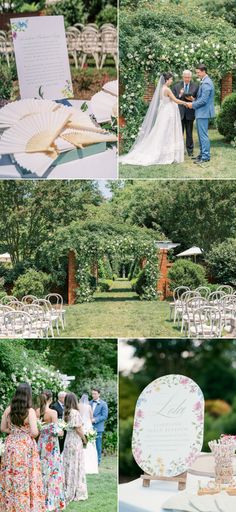 a couple getting married at their wedding ceremony in the garden with an open book on the table