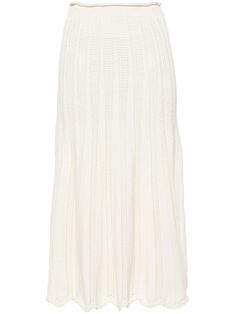 cream white cotton knitted construction ribbed waistband A-line skirt scallop hem below-knee length tulle lining Scallop Hem, Skirt White, Scalloped Hem, Open Knit, Cotton Skirt, Knit Cotton, White Skirts, A Line Skirt, Cream White