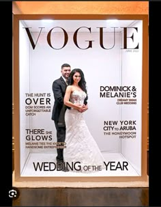 a bride and groom posing in front of a magazine cover for the wedding of the year