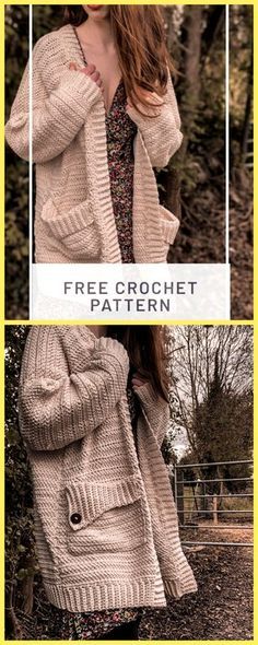 a woman wearing a sweater and jacket with the text, free crochet pattern