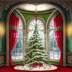 a christmas tree in front of a large window