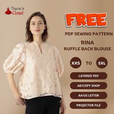 a woman standing in front of a wall with the text free sewing pattern for ruffle back blouse