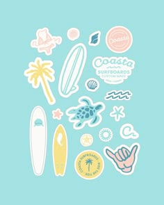 various stickers and decals are arranged on a light blue background, including a surfboard