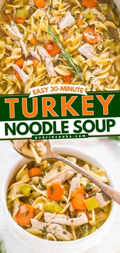 two pictures showing different types of turkey noodle soup