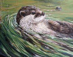 a painting of an otter swimming in the water