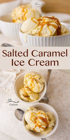 salted caramel ice cream in bowls with spoons