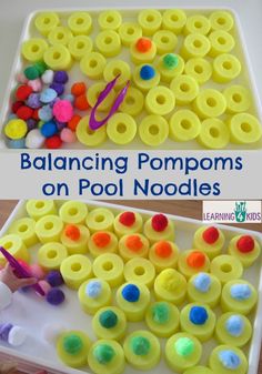 this is an easy and fun activity for kids to learn how to use pompoms on pool noodles