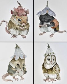 four pictures of mice with hats on their heads