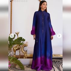 Fta Ombre Shisha Silk Set. Shirt, Slip And Pants Blue Maxi Dress With Dabka Work, Blue Dabka Dress For Eid, Blue Long Sleeve Dress With Dabka Embroidery, Elegant Blue Kaftan With Dabka Details, Blue Dabka Maxi Dress, Festive Blue Abaya With Dabka Detailing, Festive Blue Abaya With Dabka, Blue Maxi Dress With Dabka Details, Elegant Fitted Blue Abaya