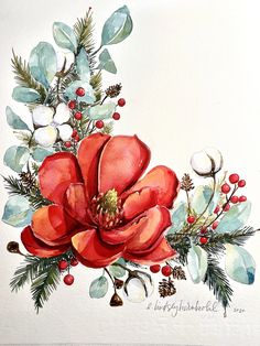 a watercolor painting of a red flower with green leaves and berries on white paper