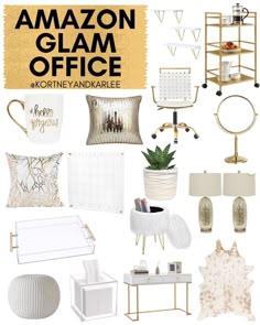 a collage of white and gold items with the words amazon glam office