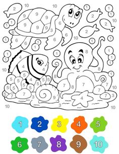 the color by number page for children with sea animals and numbers to be colored in