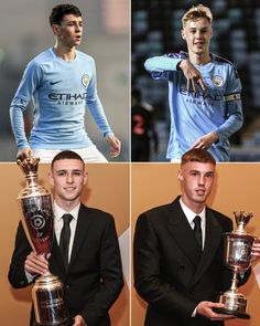 four men in suits holding trophies and posing for pictures