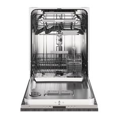 an open dishwasher on a white background