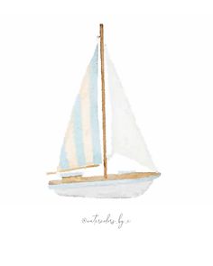 a watercolor painting of a sailboat with blue and white stripes on the sails