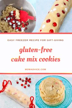 gluten - free cake mix cookies with text overlay that reads easy freezer recipe for gift - giving