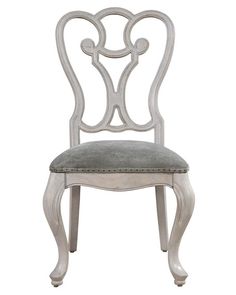 a white chair with grey upholstered seat and back cushion on an isolated white background