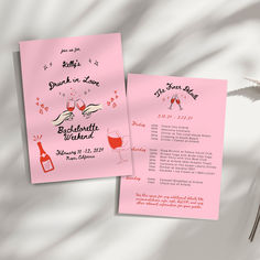 two pink wedding cards with wine glasses on them