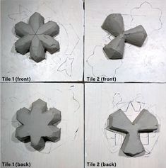 four pictures of different shapes and sizes of paper flowers on a piece of white cardboard