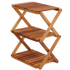 a wooden shelf with two shelves on each side