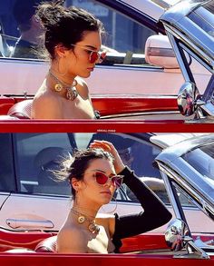 two pictures of a woman in a red convertible car, one is wearing gold jewelry