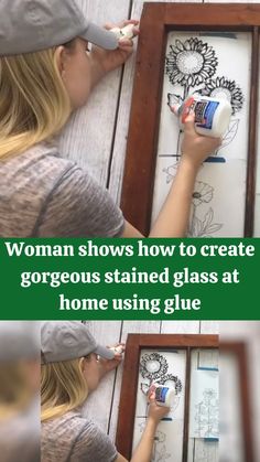 the woman shows how to create gorgeous stained glass at home using glue on wood planks