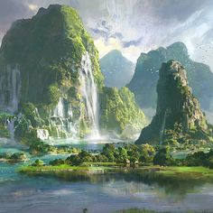 an artistic painting of a waterfall in the middle of a lake surrounded by mountains and greenery