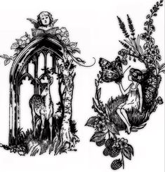 two drawings of people and animals in front of a gate with flowers on the outside