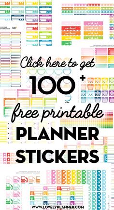 planner stickers with the words, click here to get 100 free printable planner stickers