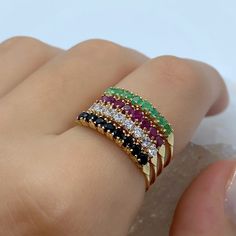 Genuine Gemstone Ring 14k Gold, Harem Gold Ring, Vintage Gold Gemstone Statement Ring, Multicolor Gemstone Gold Ring, Victorian Ring Antique *100% naturel gemstone *14k-18k solid gold *solid gold (NOT plated) *gemstone: 2.25 mm. *stone shape: round *stones emerald: 8 pcs. *stones ruby: 8 pcs. *stones sapphire : 8 pcs. *stone zircon : 8 pcs. *total gemstones : 32 pcs. Multi Gemstone Rings, Elegant Multicolor Sapphire Ring Birthstone, Elegant Multicolor Diamond Birthstone Ring, Fine Jewelry Stackable Multi-stone Open Rings, Fine Jewelry Stackable Open Rings With Multi-stone, Stackable Emerald Cubic Zirconia Ring In Fine Jewelry Style, Elegant Multicolor Stackable Birthstone Rings, Elegant Multicolor Birthstone Ring In 14k Gold, Elegant Multicolor 14k Gold Birthstone Ring