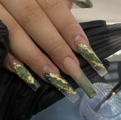 Money Green Nails Designs, Green Gold Acrylic Nails, Enchanted Forest Nails Green, Green French Tip With Gold, Army Green Acrylic Nails, 27th Birthday Nails, Jade And Gold Nails, Green Acrilyc Nails, Green And Gold Acrylic Nails