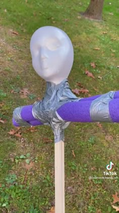 a purple and silver object on top of a wooden pole in the grass near a tree