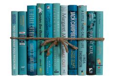 a bunch of books tied to a rope with some writing on them and one is blue