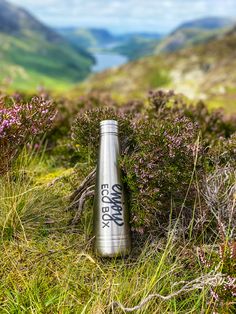 a bottle sitting on top of a grass covered hillside next to flowers and bushes with mountains in the background