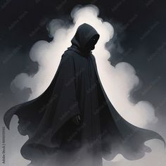 a man in a hooded cloak standing on top of a cloud filled sky