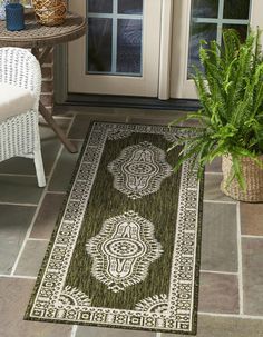 an outdoor area rug is shown with a potted plant on the side walk way