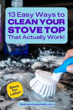 someone is cleaning their stove top with a brush and cleaner's bottle next to it