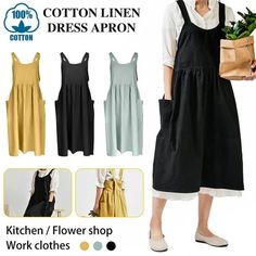 Main Featues: Material: 80% cotton and 20% linen,natural skin-friendly comfort, better care for your clothes. The fabric of this apron is comfortable and skin-friendly, breathable. Using the latest sewing process, the needle thread is neat and dense, durable Simple and stylish design style. The design of the folding skirt gives this apron elegance and tenderness. Cross-back design makes this apron no longer slip from the shoulder. 2 large front pockets add more practicality to this apron One siz Womens Apron Dress, Square Apron, Art Apron, Dress Apron, Apron For Women, Black Apron, Floral Apron, Retro Apron, Work Aprons