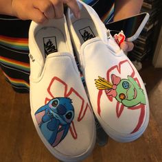 Lilo And Stitch Shoes Diy, Custom White Vans, Painted White Vans, Lilo And Stitch Shoes, Painting Vans, Hand Painted Vans, Angelus Paint